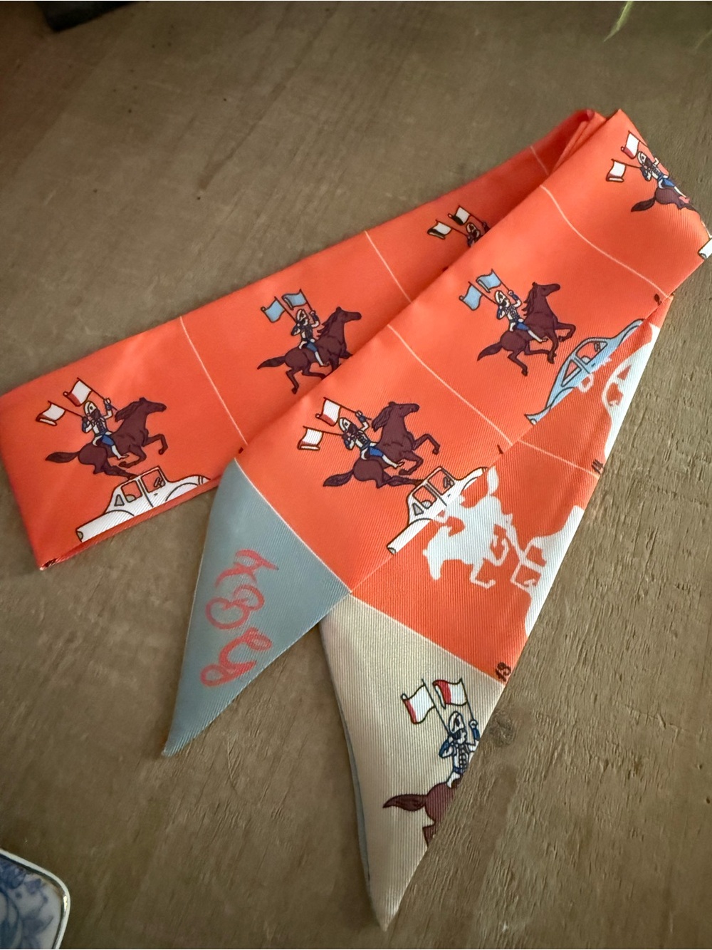 Orange Equestrian Twilly Scarf | Horse Rider Print | 35” Silk Feel